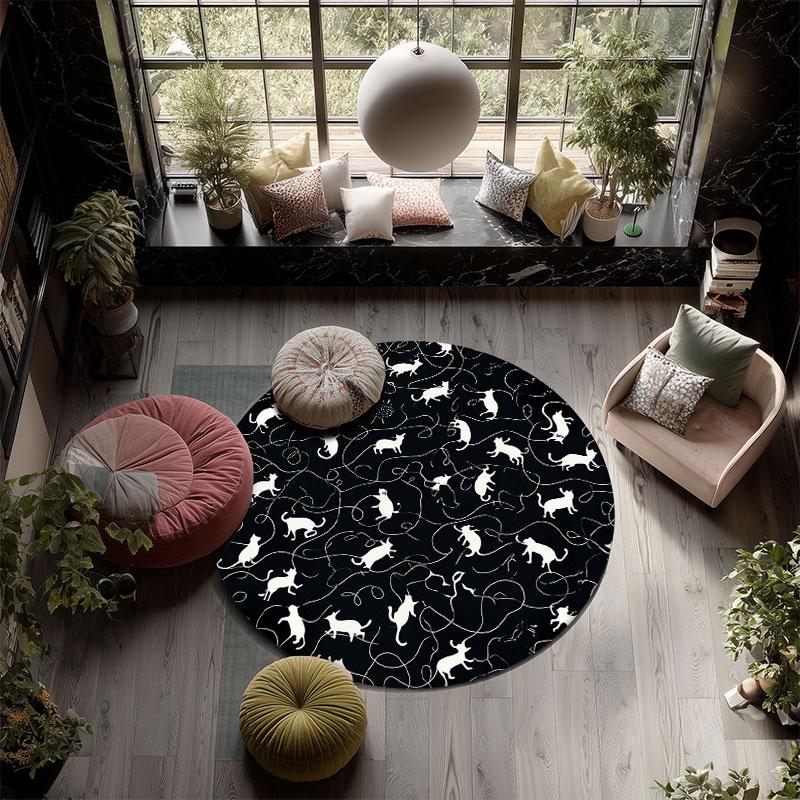 Black & White Cats Pattern Round rug,Carpet Rug for Living Room Bedroom Playroom ,Non-slip Floor Mat,Holiday Gifts and Birthday Gifts.