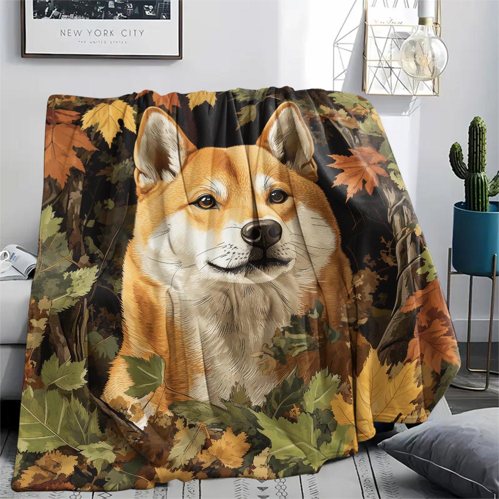 Shiba Inu and Leaves Pattern Flannel Blanket, High Quality Comfortable for All Seasons, Home Decor, Warmth and Comfort, Perfect for Gifts.