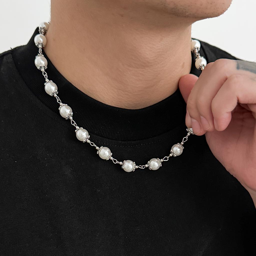 SHIXIN Hip Hop Colourful Beaded Chain Necklace for Men New Fashion Smooth Imitation Pearl Choker Male Jewelry Neck Accessories