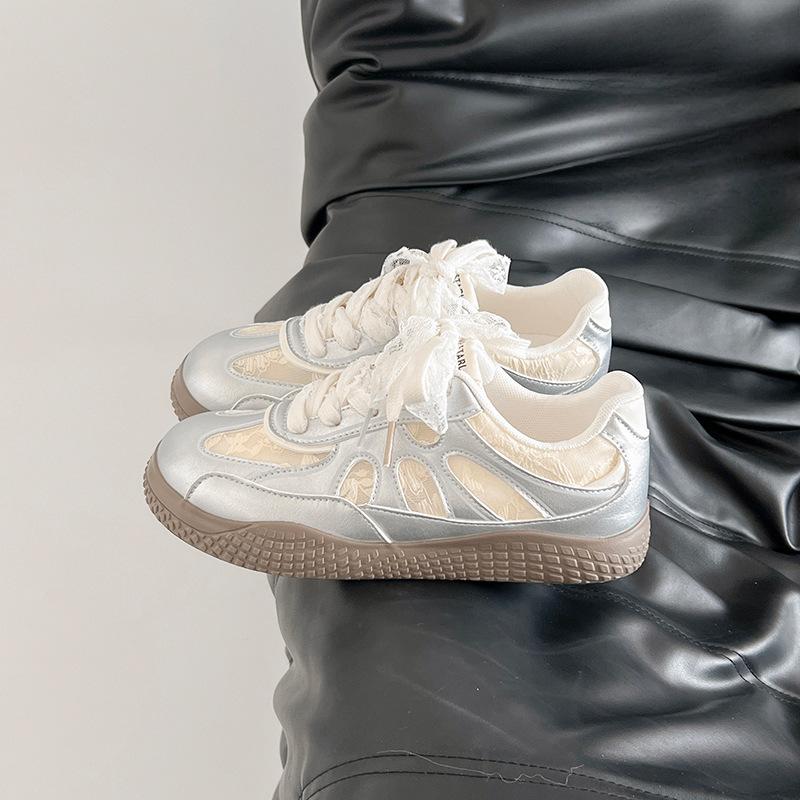 Silver Sneakers Women's 2 New Niche Retro Ballet Style Mesh Breathable Summer Ugly Cute Lace