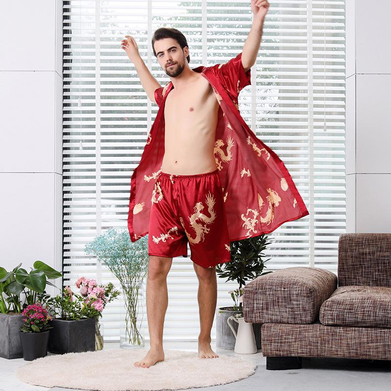 Summer Couple Silk Imitation Loungewear: Women's Nightgowns & Men's Bathrobes with Short Sleeves and Shorts.