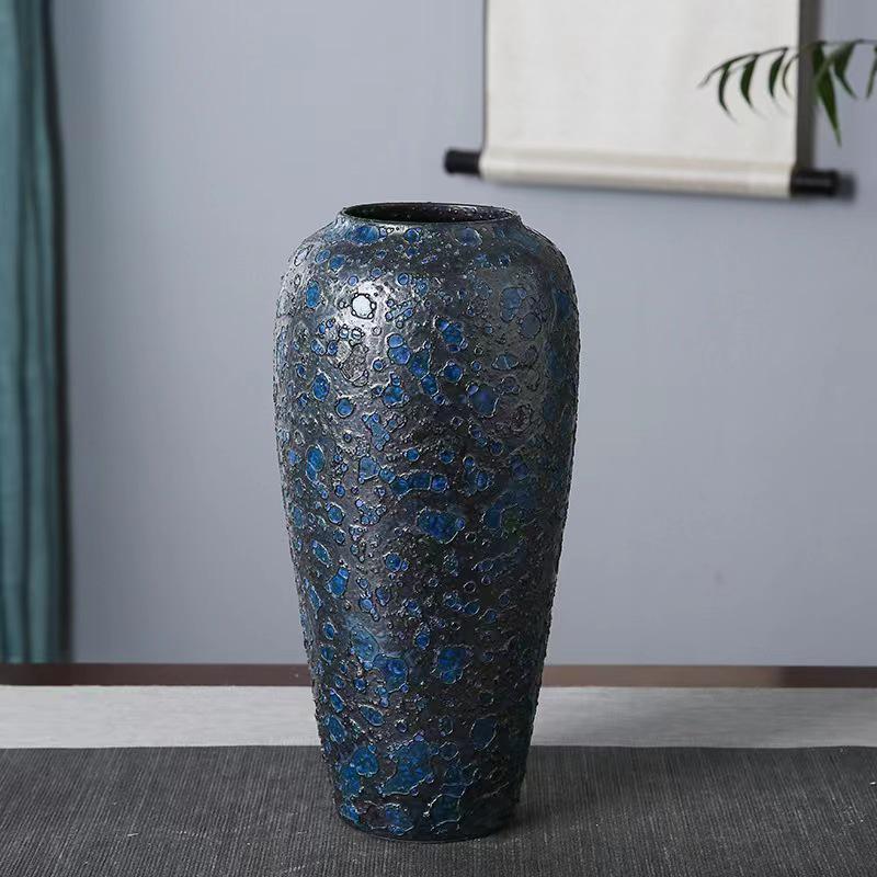 Jingdezhen Keramisk Vas Set - Ädelblå Bubbelglasyr med Silkesblommor (3-delad)