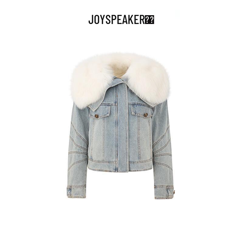 

JOY SPEAKER Women s Winter Fox Fur Collar Fleece-Lined Denim Jacket