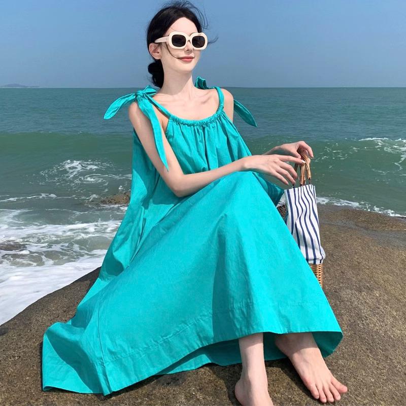 Summer Green Slimming Tie-Up Slip Dress for Women - Seaside Vacation