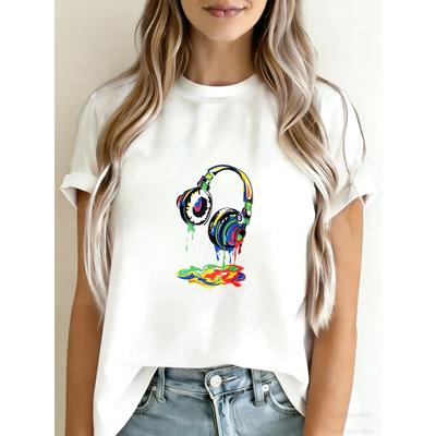 White T Shirt With Colorful Headphones Drip Design For Music Lovers Casual Wear