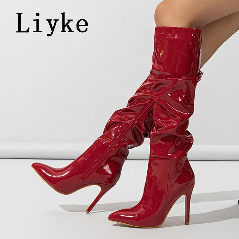 Modne Liyke Fashion Design Plisowane Lakierowane Kozaki do Kolan Damskie Czerwone Szpiczasty Nosek Zamek Szpilki Obcasy Buty Imprezowe Botki Damskie