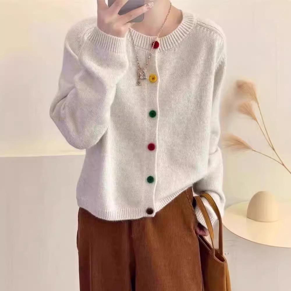 French Color Button Sweater Cardigan Jacket Women's Spring/Autumn/Winter Round Neck Inner Short Top Soft and Sticky Knitted Sweater