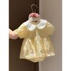 Sweet Cute Baby Girl Onesie Plaid Pattern Rabbit Embroidery Doll Collar Stylish Summer Crawling Bodysuit