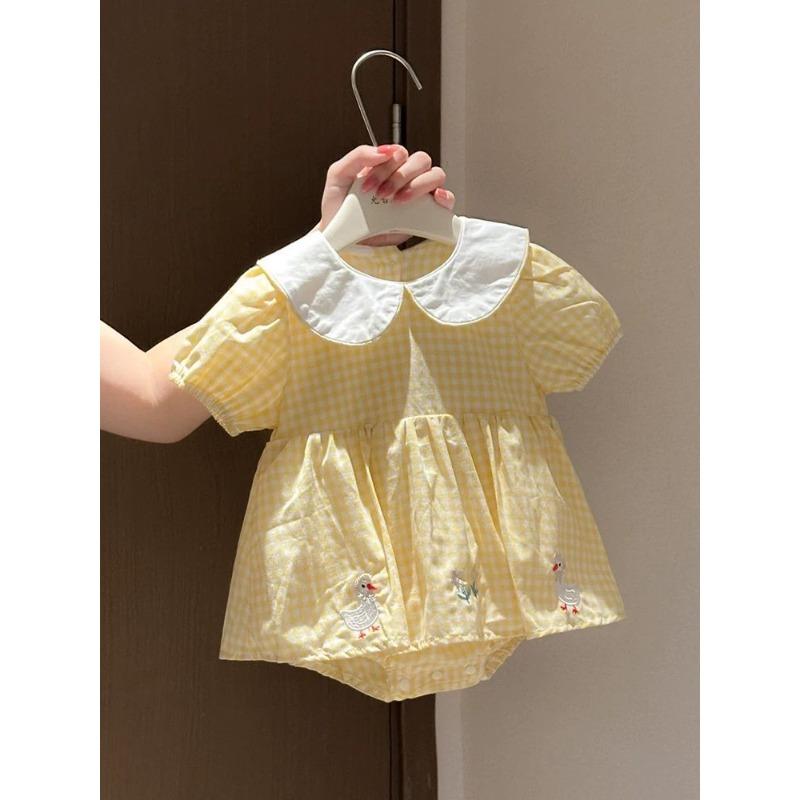 Sweet Cute Baby Girl Onesie Plaid Pattern Rabbit Embroidery Doll Collar Stylish Summer Crawling Bodysuit