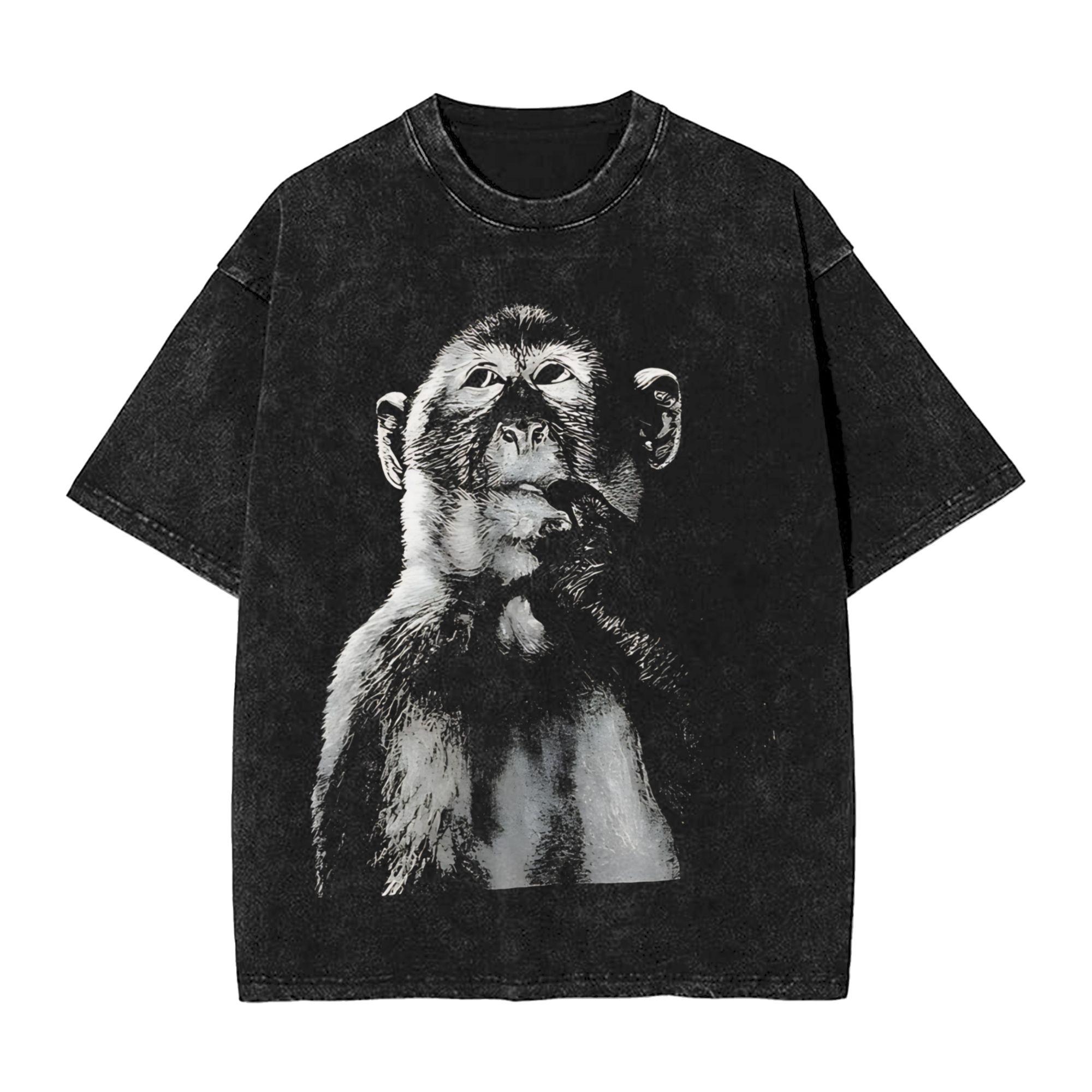 Harajuku Washed Shirts Funny Thinking Monkey Meme Merch Retro TShirts Oversize Streetwear Short Sleeve Printed Tops Tees S
