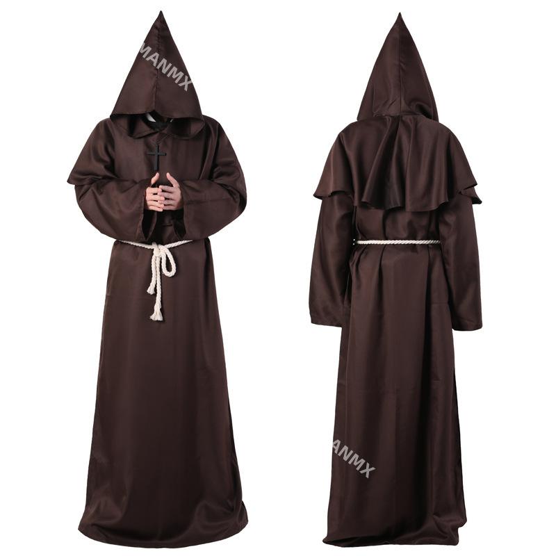 Nouvelles Robes de Moine Médiévales pour Hommes Costumes de Moine Costumes de Sorcier Costumes de Prêtre Cosplay pour Halloween S marron