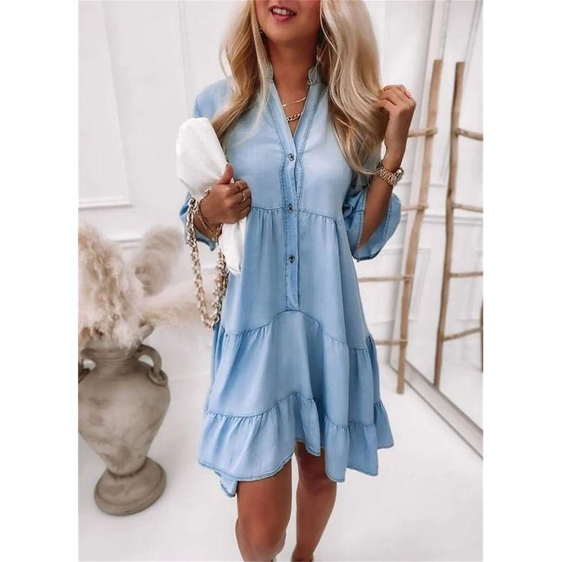 

Five-Quarter Sleeve A- Line Mid-lengthDress Ruffles Dress Light Blue XL