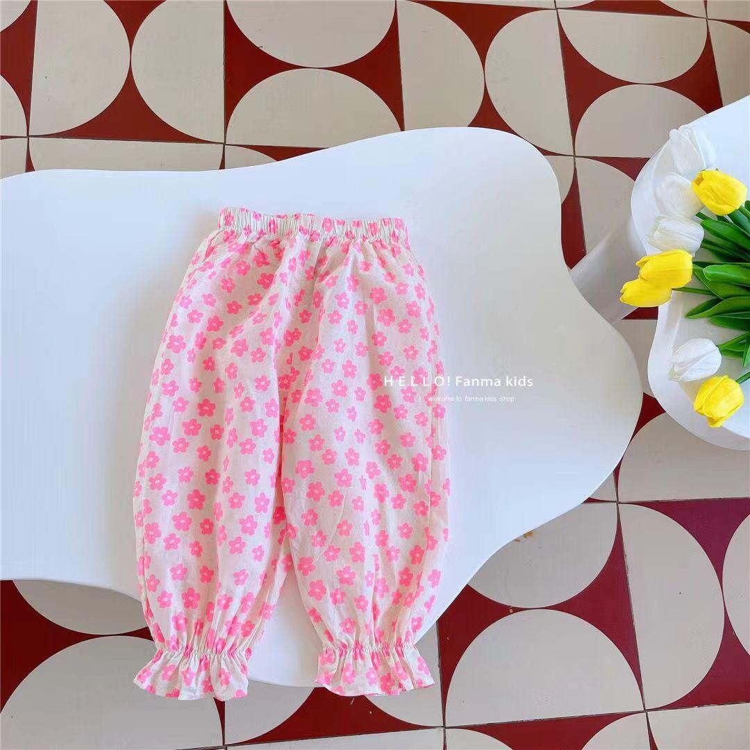 

Летние солнцезащитные брюки для девочек в стиле ретро с цветочным принтом - пляжные брюки со средней и высокой талией и функцией защиты от комаров 90cm