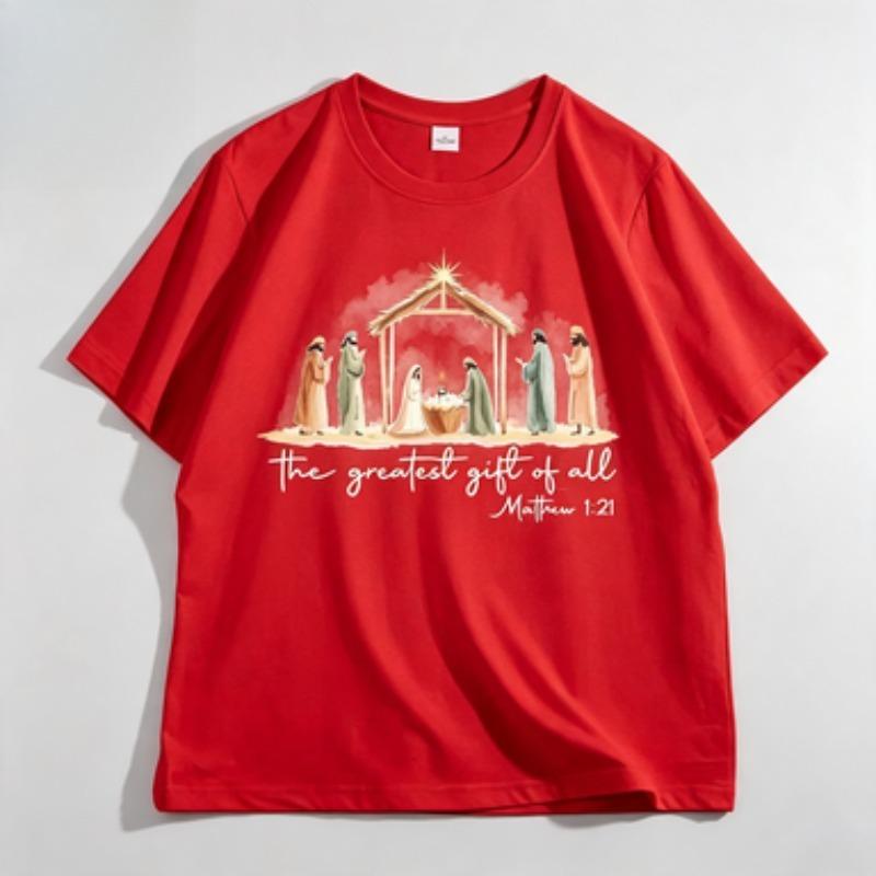 Christmas Unisex Cotton T Shirt Watercolor Nativity Scene The Greatest Gift Of All Matthew Verse Graphic Casual Loose Tops
