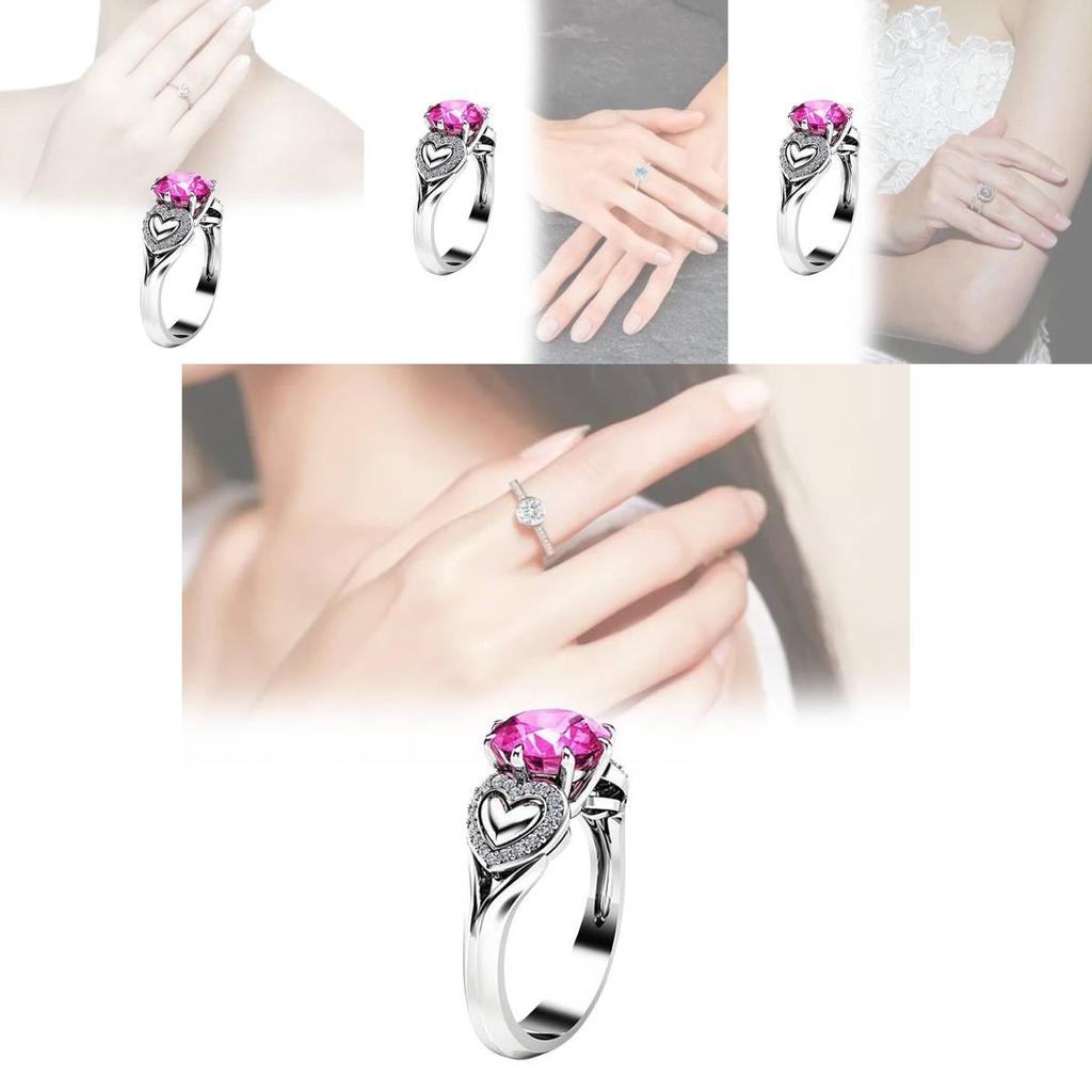 Bague Tendance en Forme de Cœur avec Cristal Zircon Rose et Anneau Réglable Plaqué Argent pour Femmes