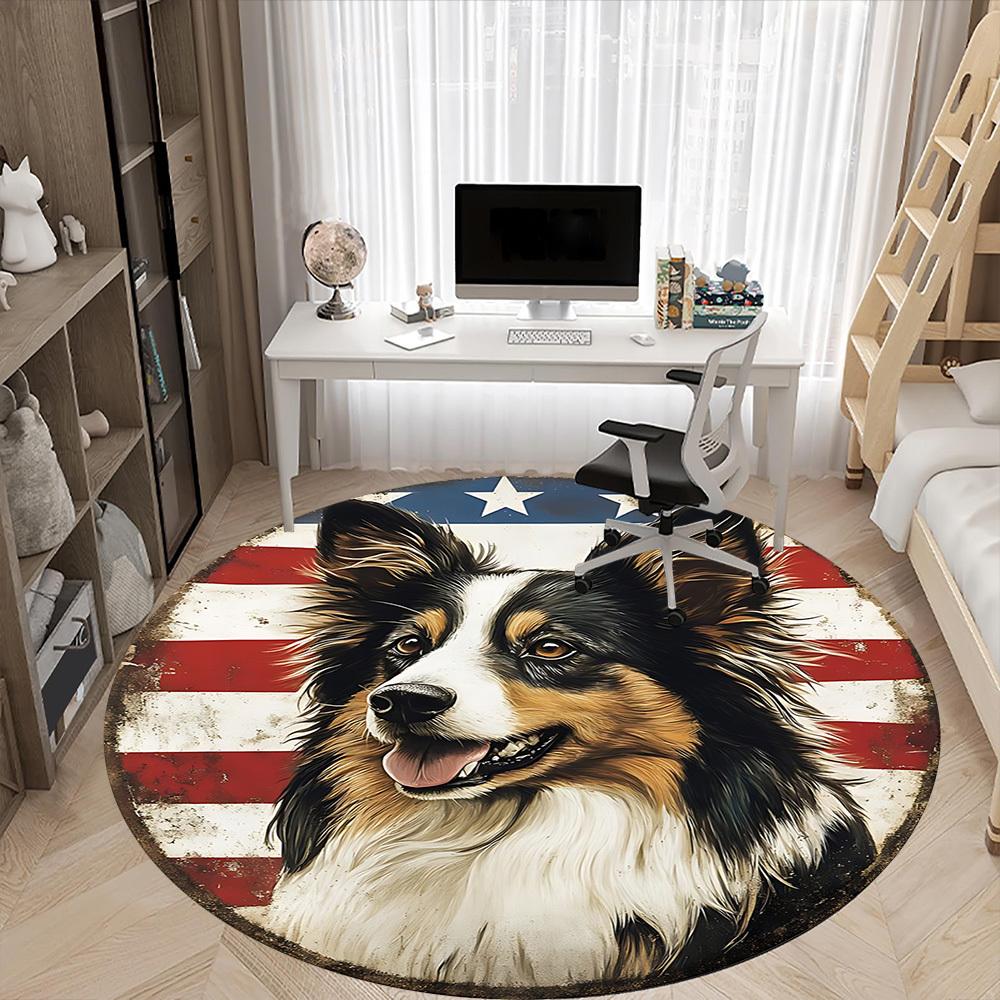 1PC Patriotic Dog Office Round Area Rug, Mat Suitable For Office, Under Office Chairs Bedroom Living Room Home Decor, Room Deco