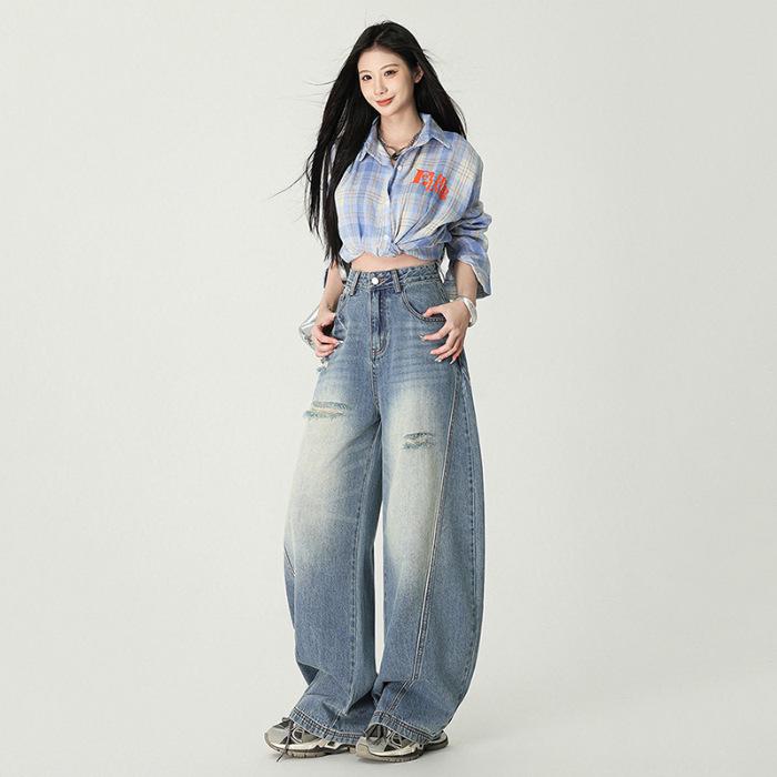 American Retro High-Waisted Wide-Leg Ripped Jeans for Women L