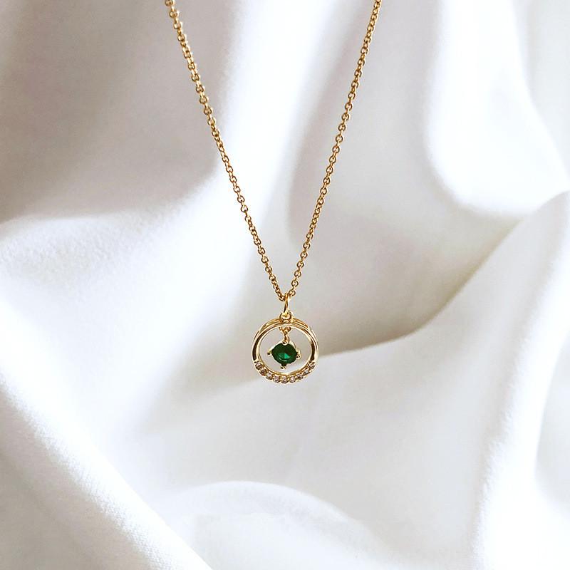 

925 Sterling Silver Emerald Crystal Geometric Circle Pendant Clavicle Chain Necklace Women 14k Gold Plating Simple Party Jewelry Gold 40cm