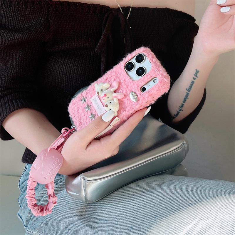 Lambswool Plush Bear and Rabbit Head Case for iPhone 17/16 Pro Max/15/14