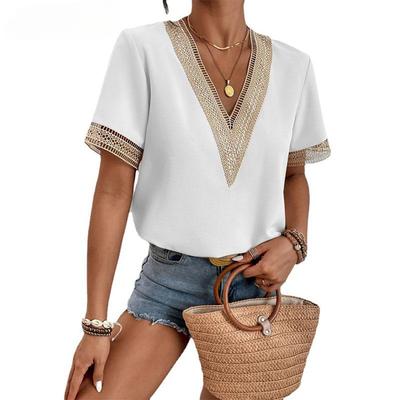 Summer Women's T-shirt V-neck Lace Loose Tops Temperament Commuter Short-sleeved Shirt