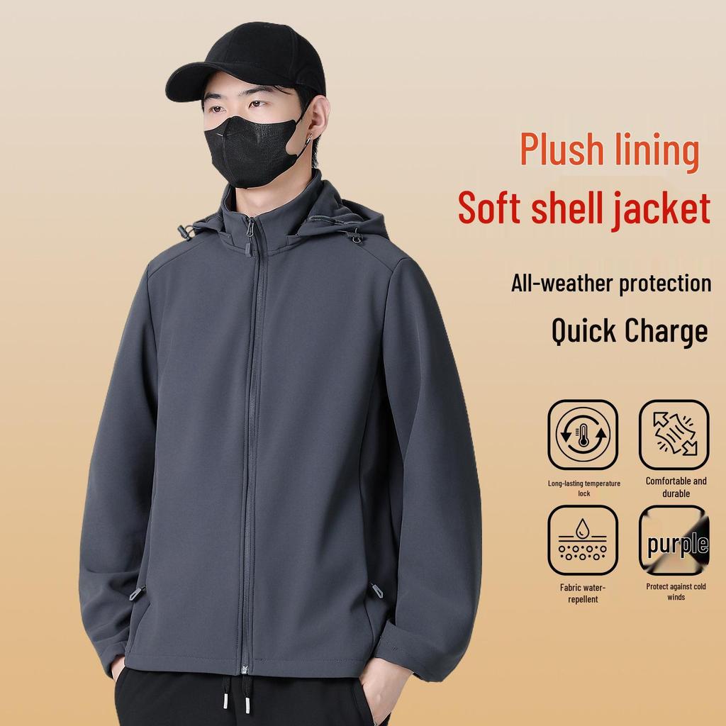 Men's Winter Softshell Jacket with Detachable Hood, Fleece-Lined, Windproof, and Warm - Plus Size Available