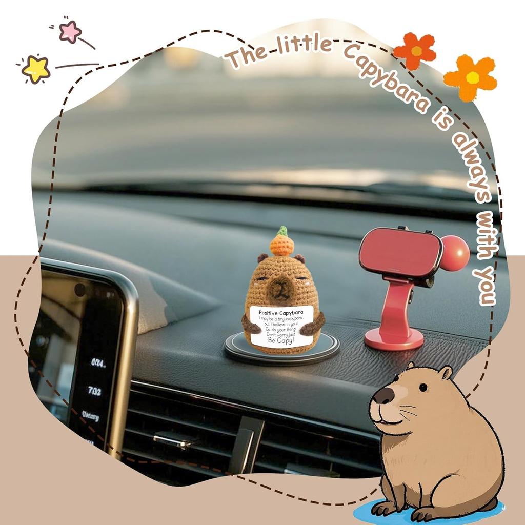 Positive Crochet Animals Capybara Doll With Card Desktop Ornament Handmade Knitted Cheer Up Capybara Doll Home Room Decoration