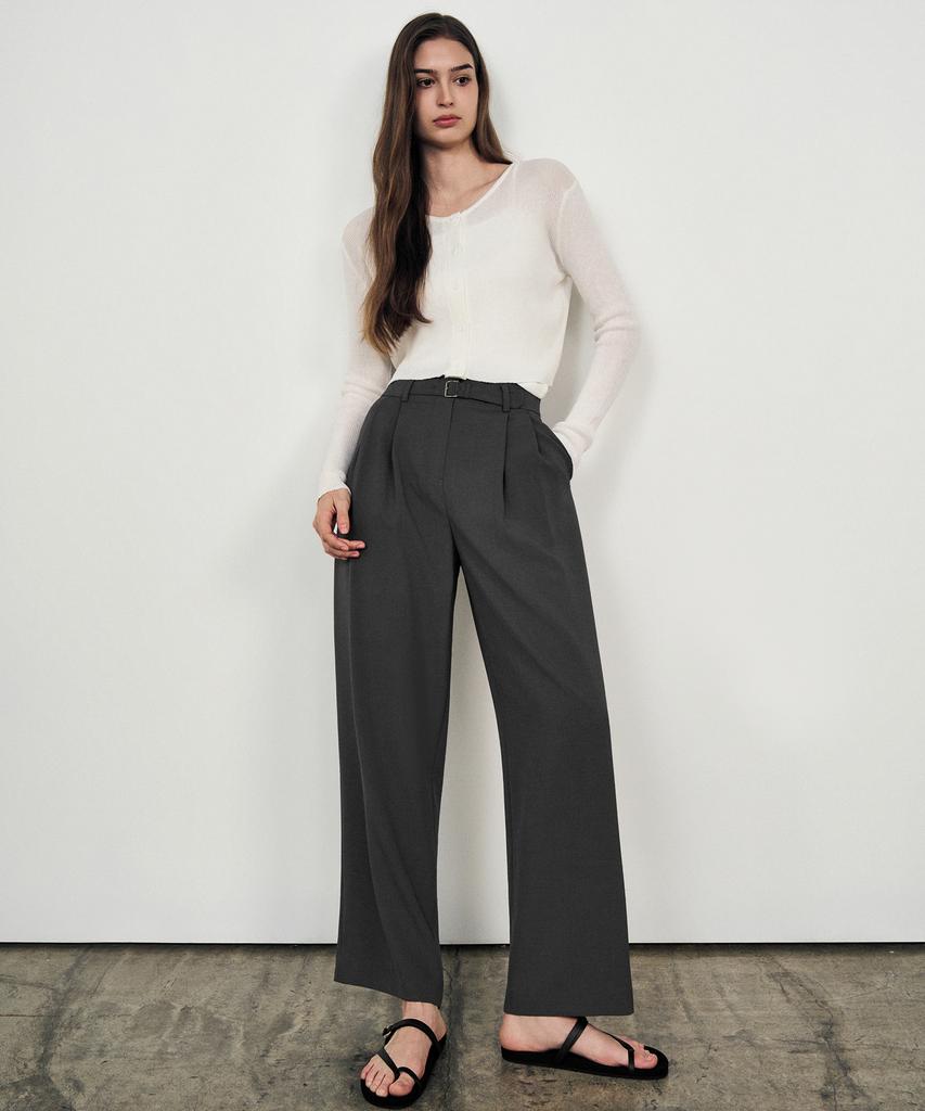 Laneonkyulleoseu Belted Double-Pleat Wide Slacks_Charcoal