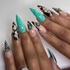 24PCS Stiletto Press On Nails Tips Cyan Ink Stripe Emerald French Fake Nails Sweet Cool False Nails Women Wearable Manicure Art