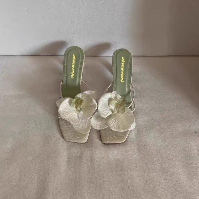 Fashion Fashion Women Heels Slippers Elegant Flower Design Women's Slippers Summer Comfortable Solid Color Beach Sandals Sandalias Mujer