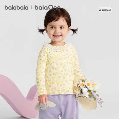 Balabala Girls Floral Print Long-Sleeve Crewneck Tee