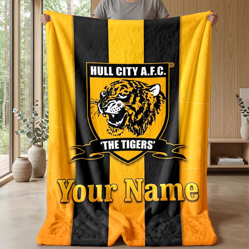 Coperta di Flanella con Testo Nome Personalizzato Hull City Logo Calcio Plaid in Pile Personalizzato Regalo Speciale per Divano Camera da Letto Casa