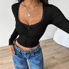 Women's Spring and Autumn Long-sleeved T-shirts Look Slim Slim Lace Patchwork Babes Top U-neck Base Shirt