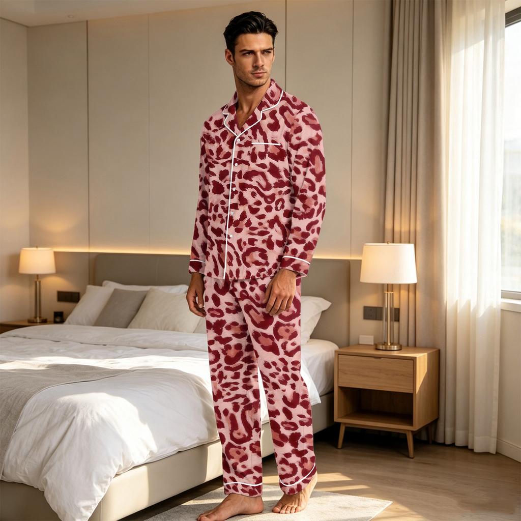 Men's Leopard Print Pajama Set Button Down Shirt and Straight Leg Pants Two Piece Sleepwear