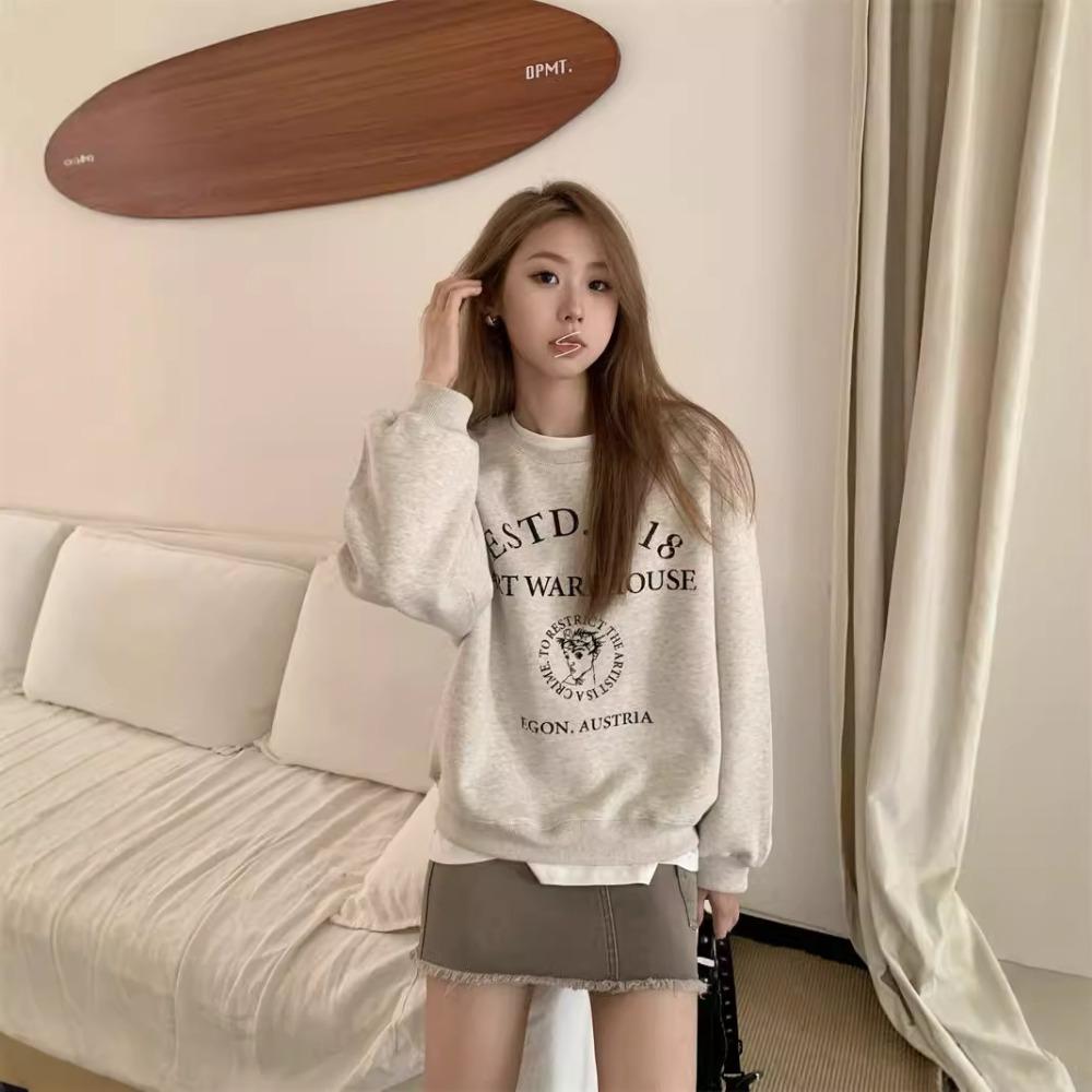 American Loose White Gray Printed Round Neck New Hoodie for Women with Thick Velvet Top