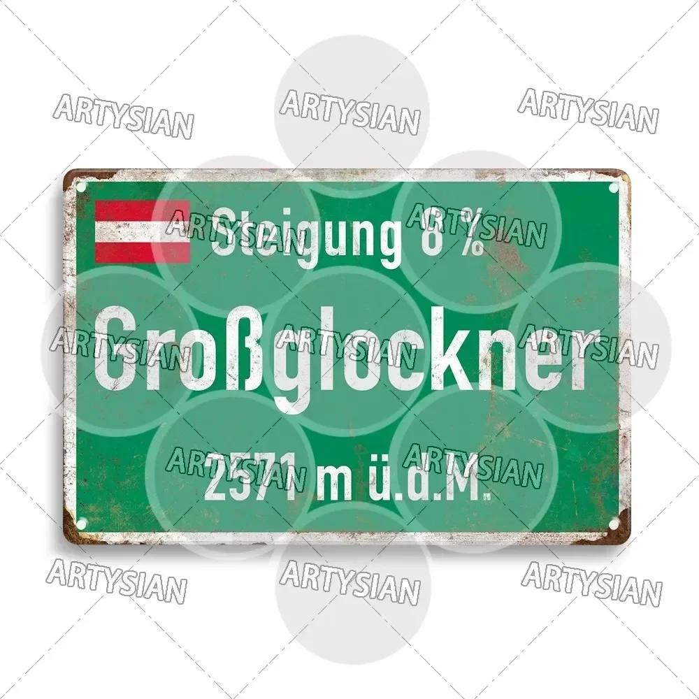 Artysian Cycling Race Metal Plaque with Road Signs of Austria Italy and Famous Landmarks Like Alpe D Huez