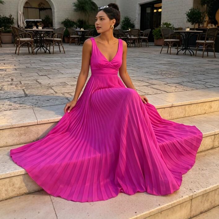 Nuovo vestito lungo estivo europeo e americano con scollo a V, pieghettato, con spalline, vita a campana, stile vacanza da donna