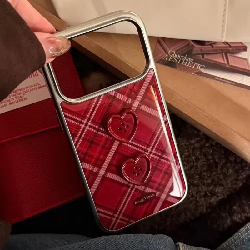 Retro Wine Red Grid Pattern Stereoscopic Love Button Shock Proof Phone Cover Case for iPhone 17 16 15 14 13 12 Pro Max Plus Air