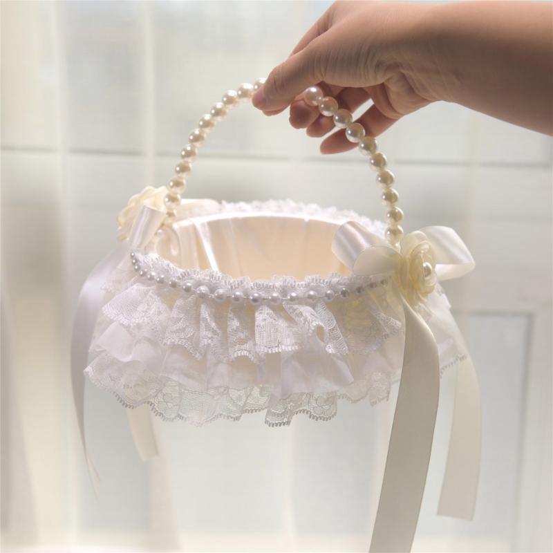 Lace Ruffle Wedding Baskets Bowknot Flower Baskets for Wedding Ceremony Wedding Flower Girl Basket with Pearls Handle