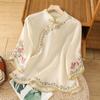 New summer diagonal placket embroidered cotton and linen short sleeves loose and thin women's clothing retro top buckle literature and art