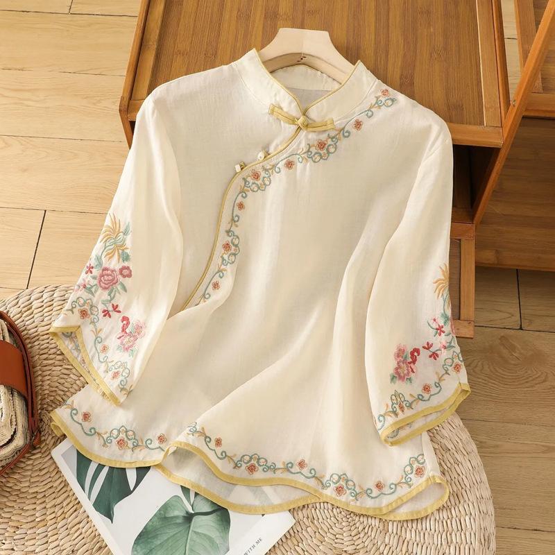 New summer diagonal placket embroidered cotton and linen short sleeves loose and thin women's clothing retro top buckle literature and art