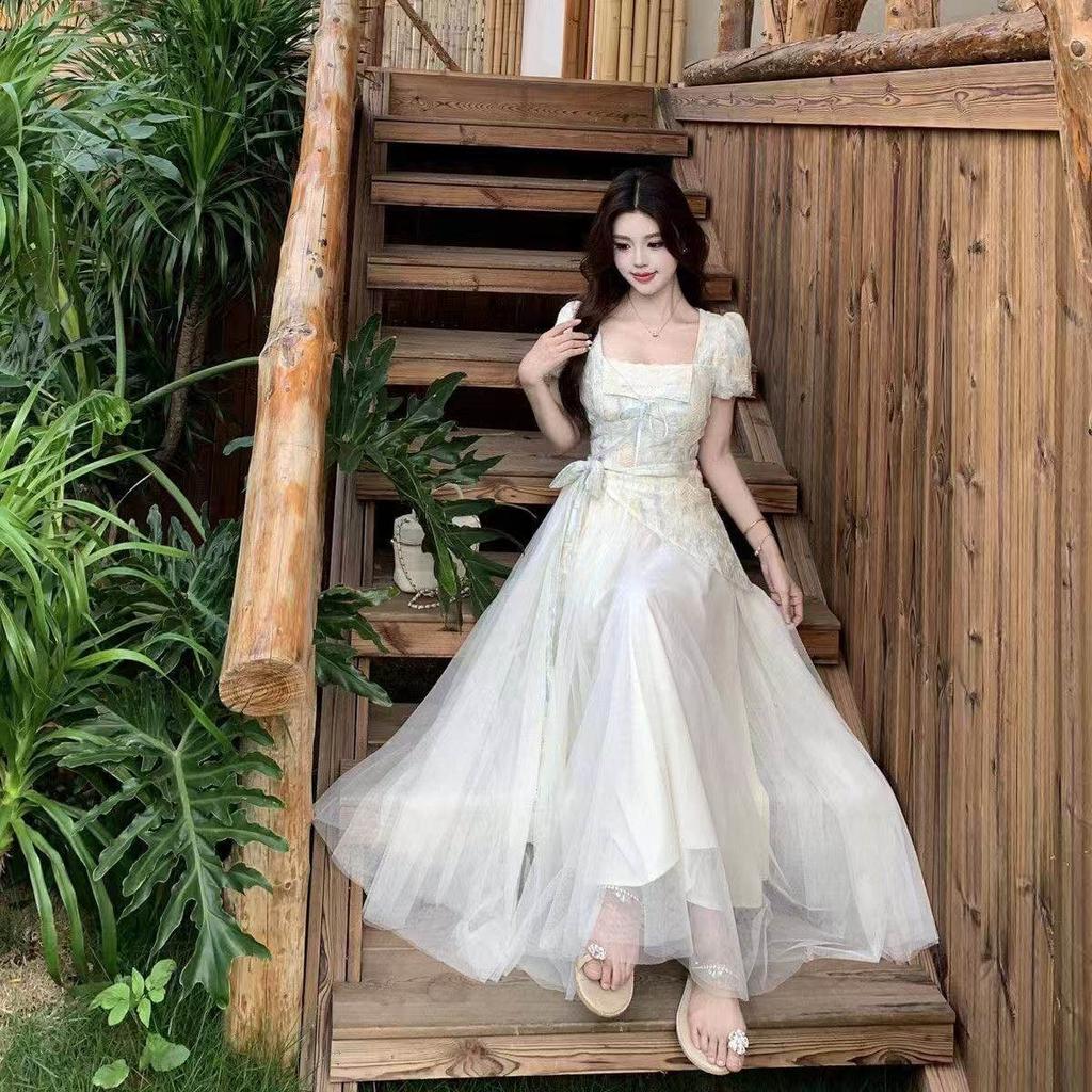 French sweet little fairy dress women's summer high-end fake two short-sleeved temperament waist long skirt
