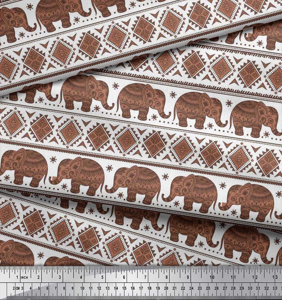 Soimoi Japan Crepe Satin Fabric Aztec & Tribal Elephant Ethnic Print Sewing Fabric Metre 42 Inch