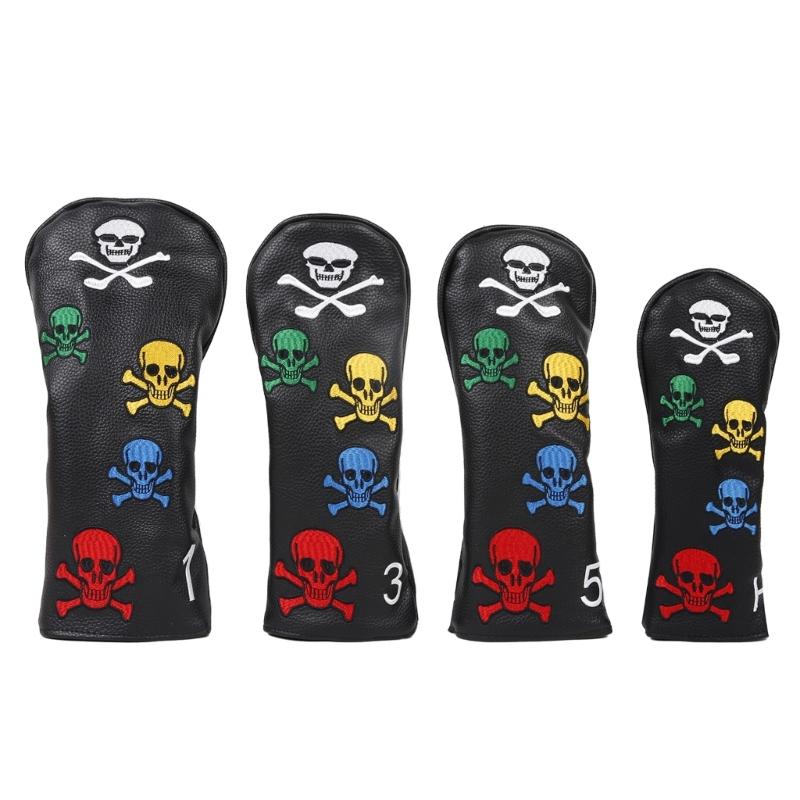 4Pcs Skull Pattern Fairway Wood Headcover Waterproofs PU Leather Golfs Club Head Cover Replacement Driver Headcover чёрный