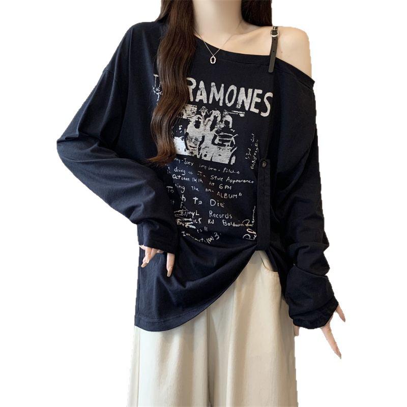 American Plus Size One-Shoulder Letter Print Long Sleeve Women's T-shirt - 2025 Autumn, New Loose Slimming Trendy Top