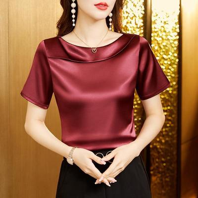 Satin Women Blouse T-shirt Skew Collar Blouses Summer Short Sleeve Womens Tops Solid Elegant Women Clothing OL Shirts for Women