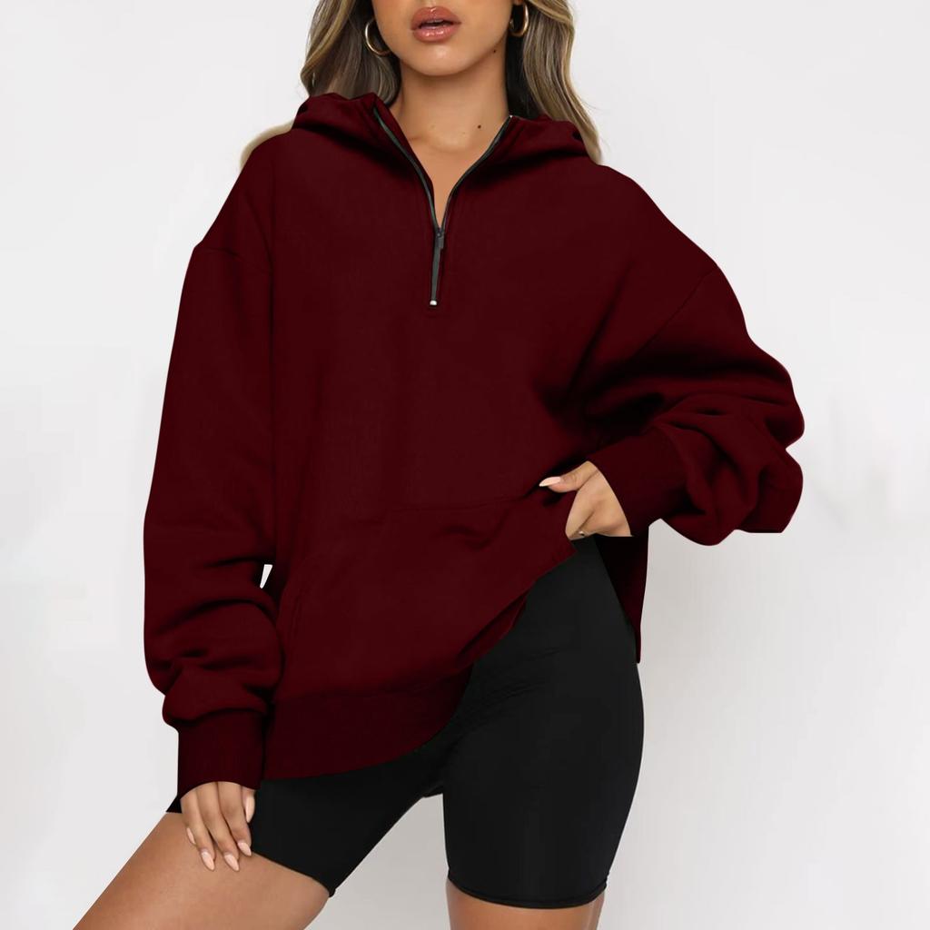 Women's Casual Fashion Long Sleeve Solid Color Zipper Hooded Sweatshirt Top