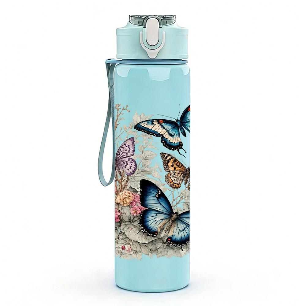 1PC Butterfly Multi Layer Floral Frame Print 750ml Color Plastic Sports Water Bottle Leakproof Flip Straw Lid Suitable for Sports Office Home Use