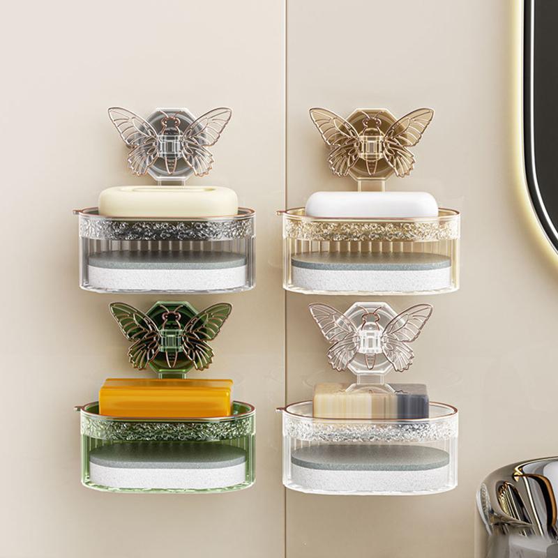 Seifenhalter mit Saugnapf und Schmetterlingsdesign, Doppellagige Seifenschale mit Schwamm und Abfluss, Bohrfreies Seifenregal