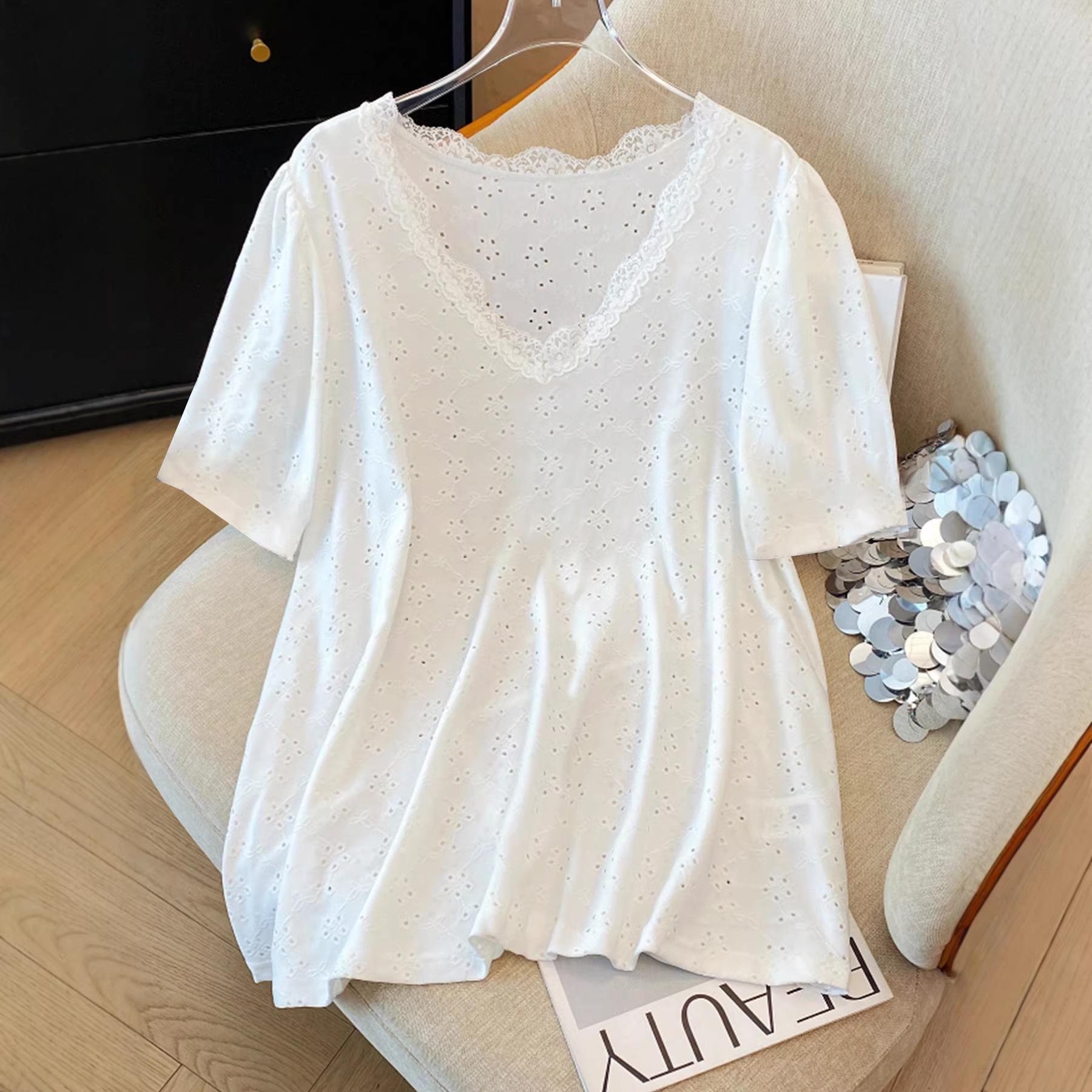 Women s Summer White Floral Lace V-Neck Short Sleeve T-shirt XL