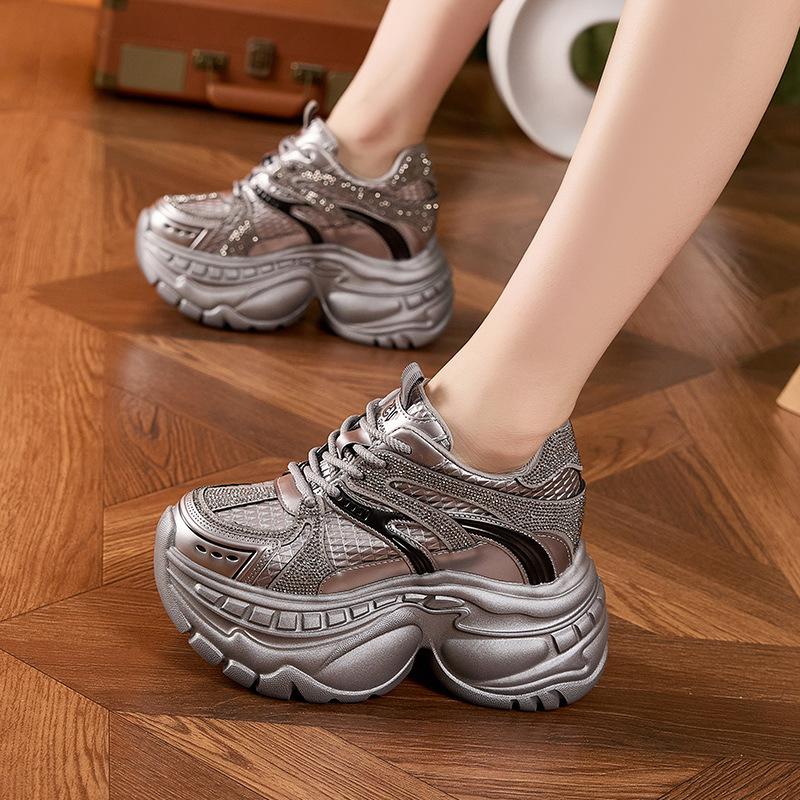 Platform dad shoes women's 2025 autumn and winter small inner height increase women's shoes new rhinestone versatile casual sports shoes